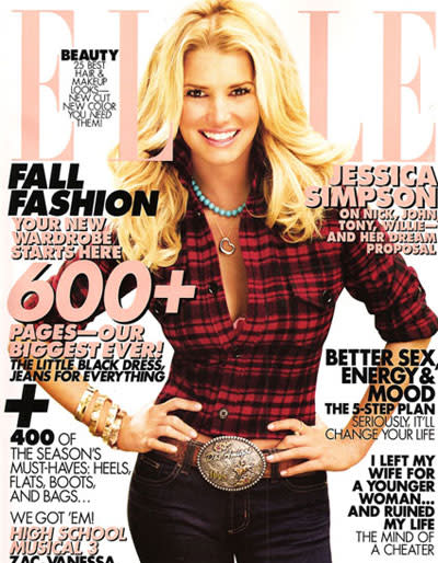 Jessica Simpson: On this cover of US ELLE it appears Jessica Simpson is a little out of proportion. Her head and hair is bigger than her waist!