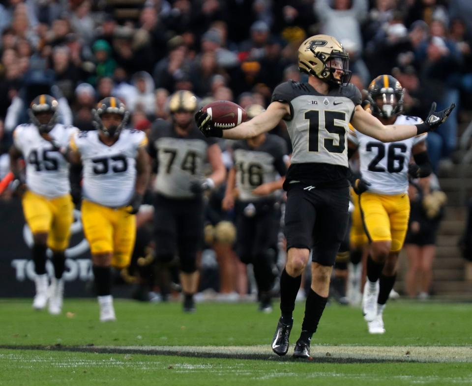 Purdue Boilermakers wide receiver Charlie Jones (15) celebrates after catching a pass during the NCAA football game against the Iowa Hawkeyes, Saturday, Nov. 5, 2022, at Ross-Ade Stadium in West Lafayette, Ind. Iowa won 24-3.