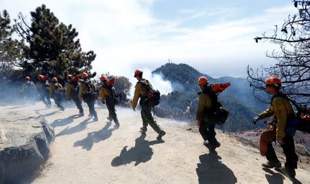 Members of the Los Padres Hot Shot crew walk atop a hill during the Wilson Fire near Mount Wilson in the Angeles National Forest in Los Angeles, California, U.S. October 17, 2017. REUTERS/Mario Anzuoni