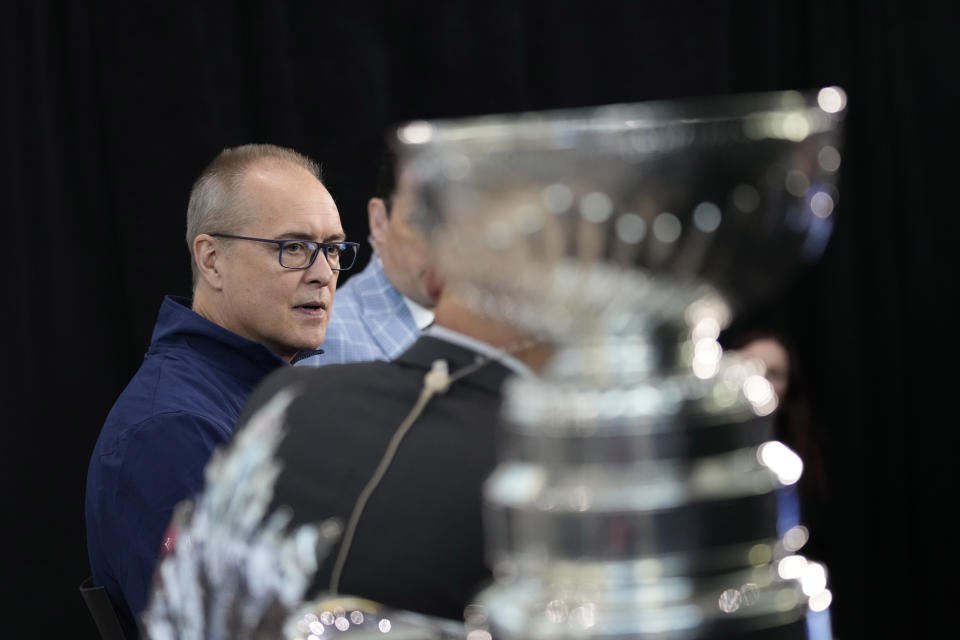 Florida Panthers head coach Paul Maurice speaks with members of the media during a media day ahead of the Stanley Cup hockey finals Friday, June 2, 2023, in Las Vegas. (AP Photo/John Locher)