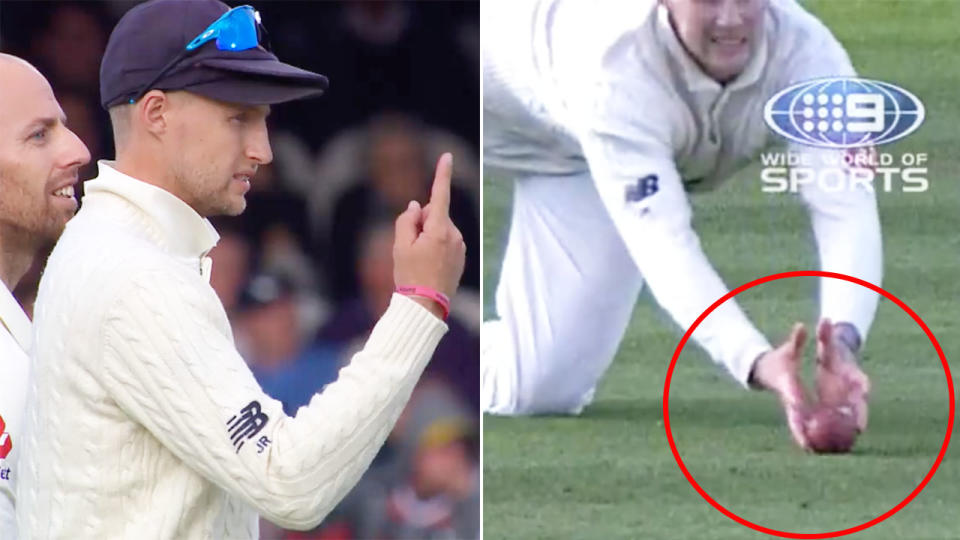 Joe Root, pictured here claiming a controversial catch. Image: Channel Nine