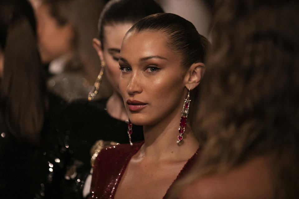 Bella Hadid models the Ralph Lauren collection during Fashion Week in New York, Saturday, Sept 7, 2019. (AP Photo/Jeenah Moon)