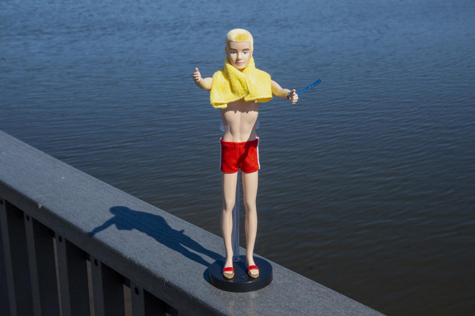 A reproduction of the original Ken doll, launched in 1961 as a companion to Barbie, appears in Bergen County, N.J., on Monday, March 8, 2021. Mattel has put the doll on sale this week to commemorate its 60th anniversary. (AP Photo/Ted Shaffrey)