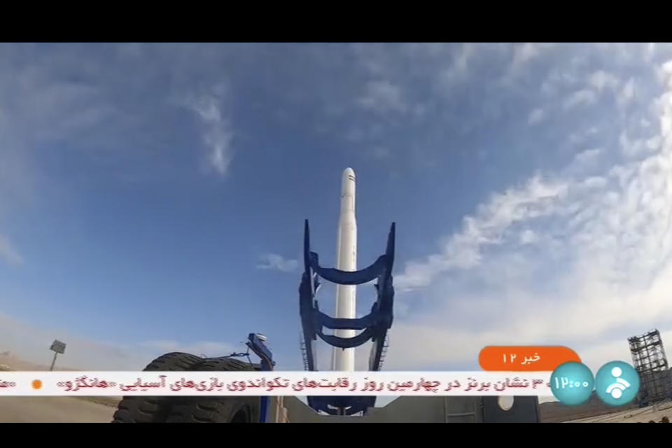 This frame grab from video aired by Iranian state television on Wednesday, Sept. 27, 2023, shows what Iran's Communication Minister Isa Zarepour said is a Noor-3 satellite being launched from an undisclosed location, in Iran. Iran claimed on Wednesday that it successfully launched an imaging satellite into space, a move that could further ratchet up tensions with Western nations that fear its space technology could be used to develop nuclear weapons. (IRIB via AP)