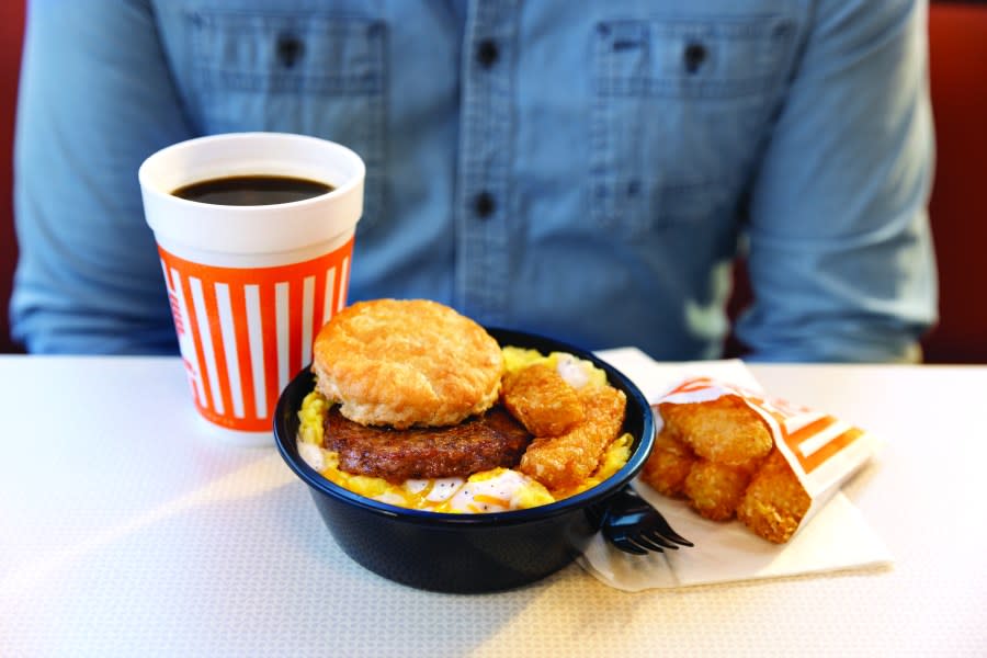 Breakfast Bowl with Sausage, Coffee and Hash Brown Sticks