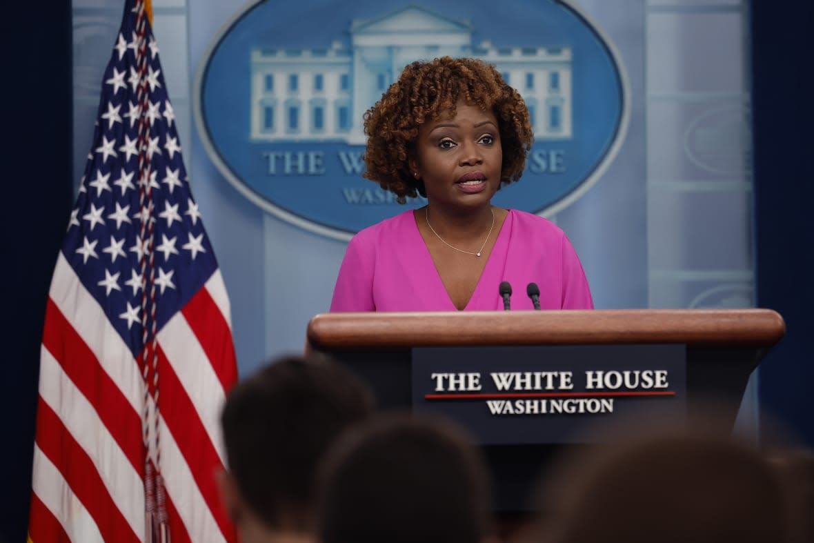Karine Jean-Pierre, the White House press secretary, addresses reporters during the daily news conference March 27. A radio station owner and show host in Tennessee is sticking by s , 2023 in Washington, DC. (Photo by Chip Somodevilla/Getty Images)
