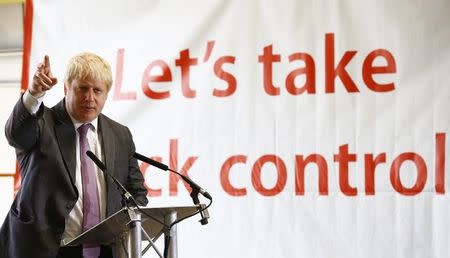 Former mayor of London and Vote Leave campaigner Boris Johnson speaks during a visit to Reid Steel on a campaign stop in Christchurch, Britain, May 12, 2016. REUTERS/Darren Staples