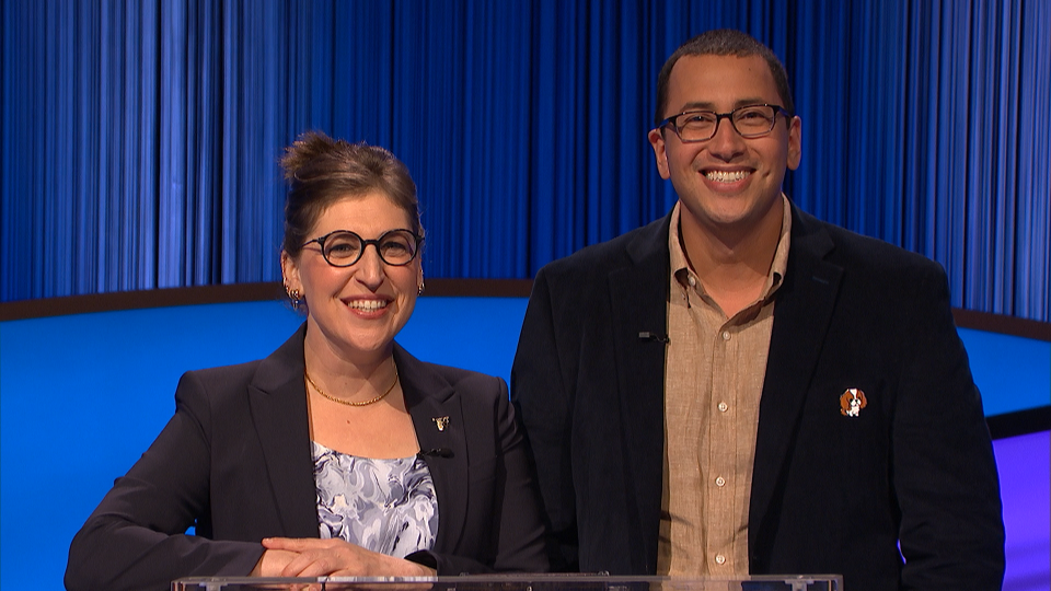 Ben Goldstein, right, on "Jeopardy!" with host Mayim Bialik.