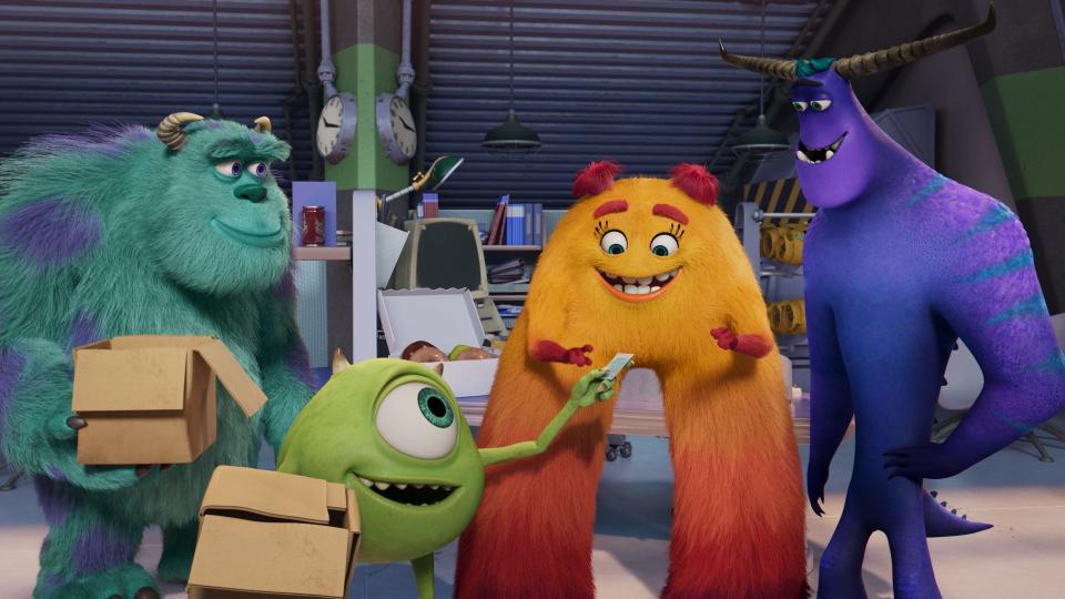 Green one-eyed mirth-maker Mike Wazowski (Billy Crystal) corrals the gang in a scene from "Monsters at Work," the TV spinoff of the popular Pixar movie, "Monsters Inc." The series' second seasons airs on Disney+ May 5.