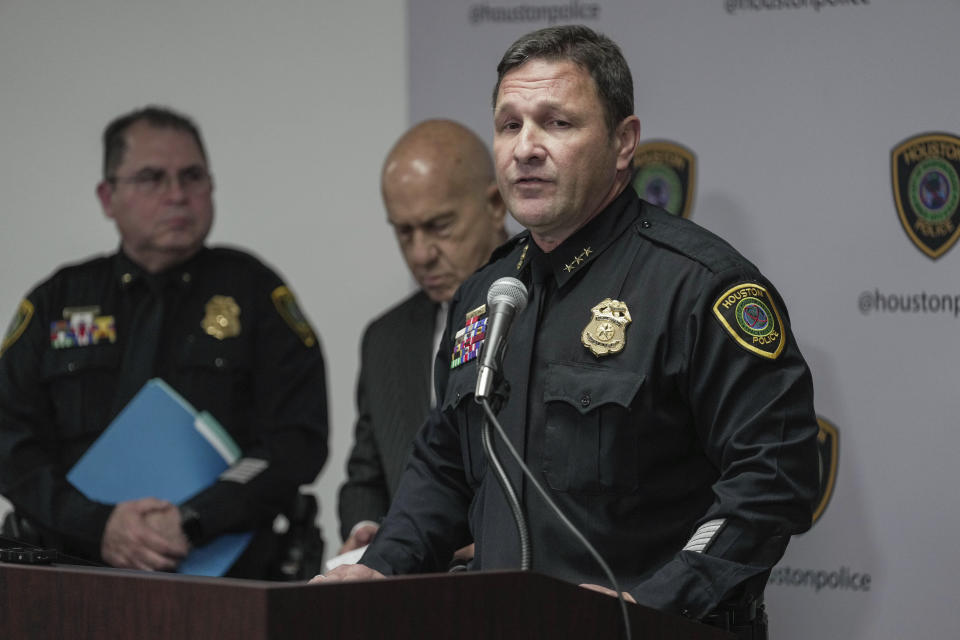 Acting Chief Larry Satterwhite speaks during a press conference held by Houston Police Department related to the investigation of the murder of Jocelyn Nungaray on Thursday, June 20, 2024 in Houston. Two men who were seen on surveillance footage with the 12-year-old Nungaray, hours before her body was found in a Houston creek earlier this week were arrested Thursday, June 20, 2024, in her death, police said. (Raquel Natalicchio/Houston Chronicle via AP)