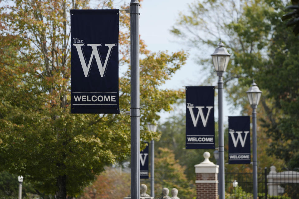 Mississippi University for Women banners decorate the Columbus, Miss., campus, Oct. 23, 2023. The university announced a proposal Monday, Jan. 8, 2024, to change its name to Mississippi Brightwell University, with officials saying the new name is supposed to reflect the diversity of the public institution that has been enrolling men since 1982. (AP Photo/Rogelio V. Solis)