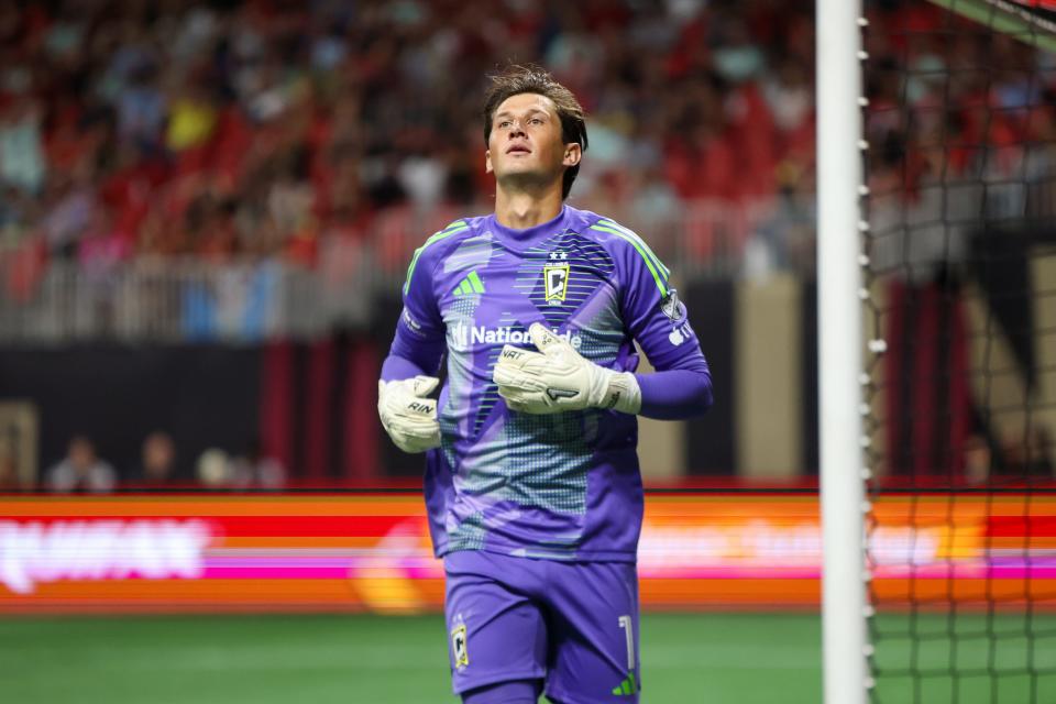 Jul 20, 2024; Atlanta, Georgia, USA; Columbus Crew goalkeeper Nicholas Hagen (1) in action against the Atlanta United in the first half at Mercedes-Benz Stadium. Mandatory Credit: Brett Davis-USA TODAY Sports