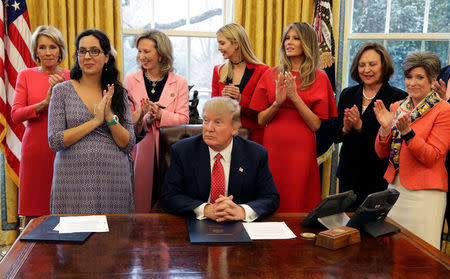 U.S. President Donald Trump is applauded after signing H.R. 225 in the Oval Office of the White House, in Washington, DC, U.S. February 28, 2017. REUTERS/Joshua Roberts