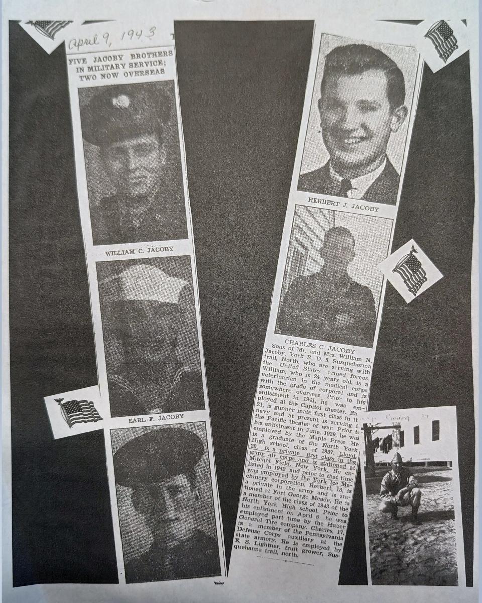 Brothers Earl, Bill, Lloyd, Herb and Charlie were featured in a newspaper clipping from April 9, 1943 while serving in World War II.