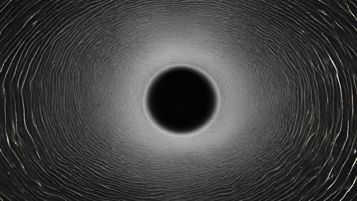  A black circle in the center of the scene is emanating circular ripples going outward to the edges of the image. 