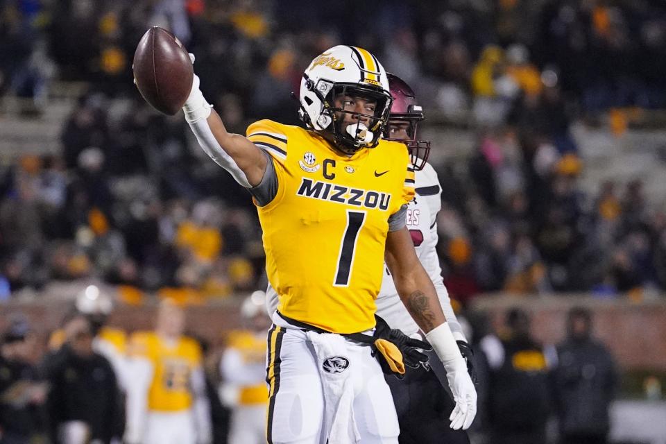 Nov 19, 2022; Columbia, Missouri, USA; Missouri Tigers wide receiver Tauskie Dove (1) celebrates after a play against the New Mexico State Aggies during the first half at Faurot Field at Memorial Stadium.
