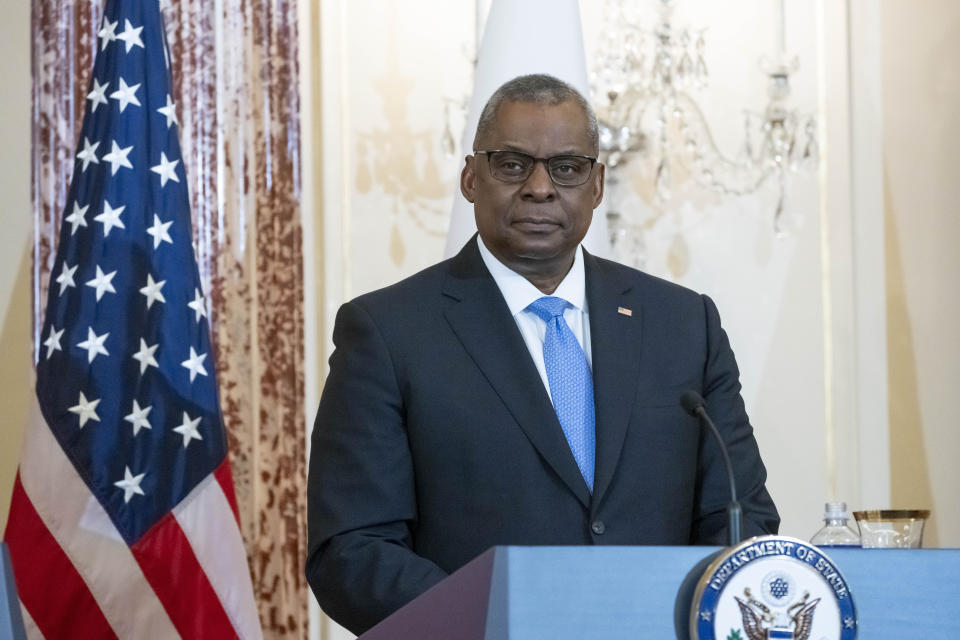 Secretary of Defense Lloyd Austin waits to speak during a news conference at the State Department, Wednesday, Jan. 11, 2023, in Washington. (AP Photo/Alex Brandon)