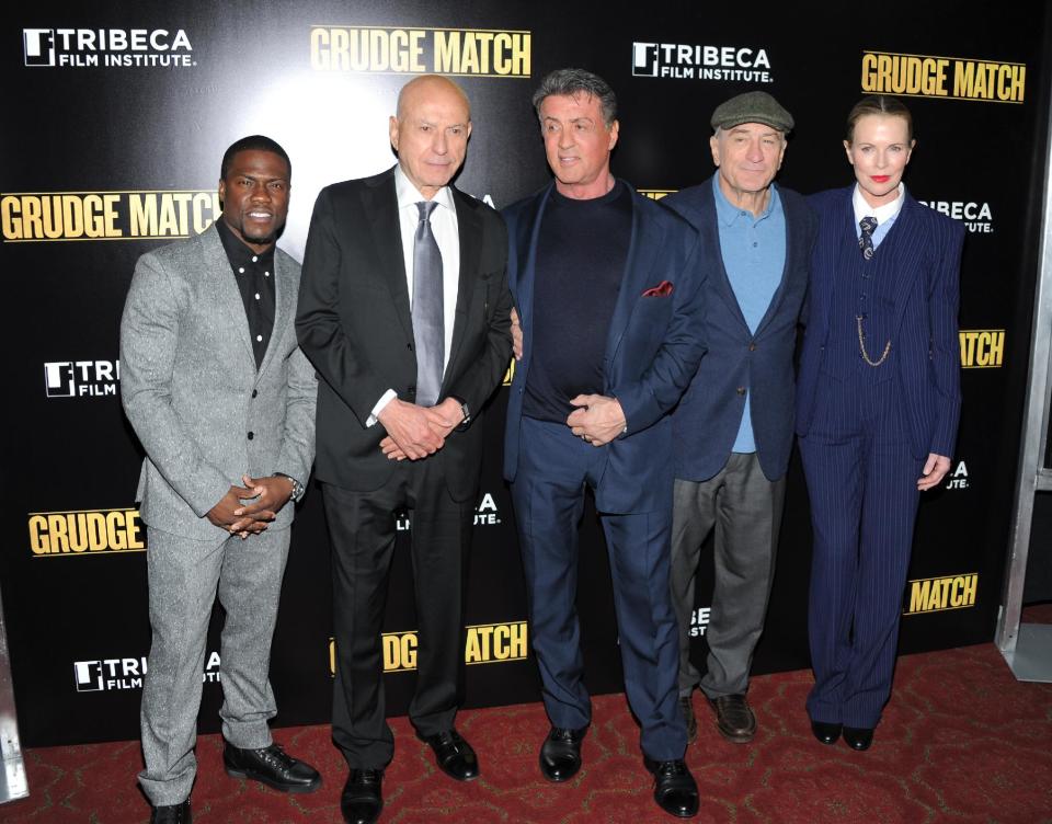 Cast members, from left, Kevin Hart, Alan Arkin, Sylvester Stallone, Robert De Niro and Kim Basinger attend the world premiere of "Grudge Match", benefiting the Tribeca Film Institute, at the Ziegfeld Theatre on Monday, Dec. 16, 2013 in New York. (Photo by Evan Agostini/Invision/AP)