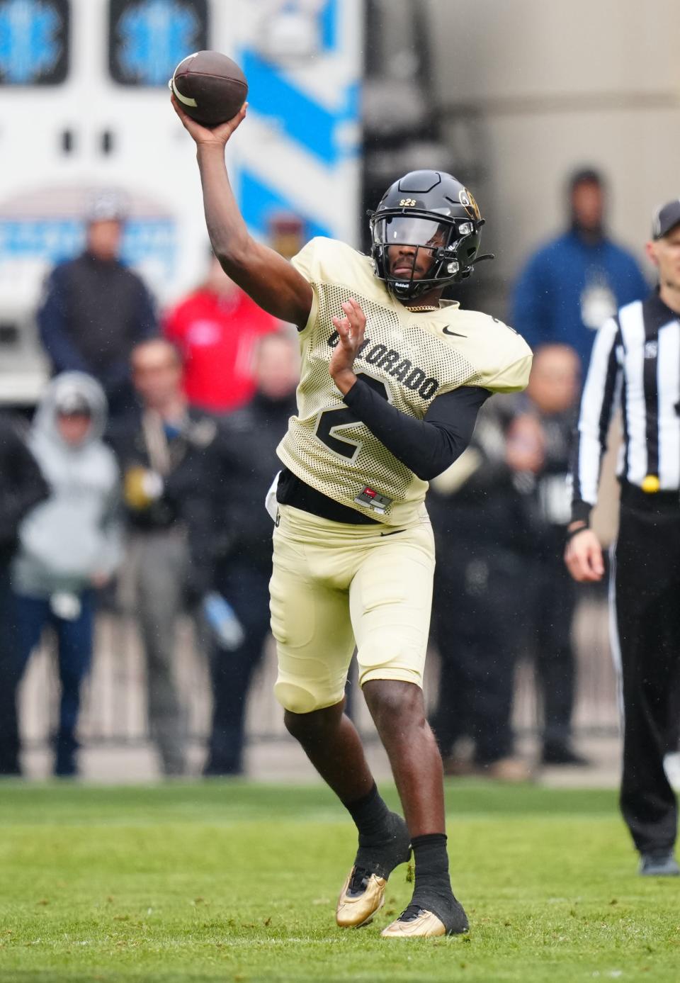 Colorado Buffaloes quarterback Shedeur Sanders passes the ball during the first half of a spring game in Boulder on April 22, 2023.