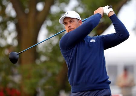 Sep 30, 2016; Chaska, MN, USA; Henrik Stenson of Sweden plays his shot from the second tee in the morning foursome matches during the 41st Ryder Cup at Hazeltine National Golf Club. Mandatory Credit: Rob Schumacher-USA TODAY Sports