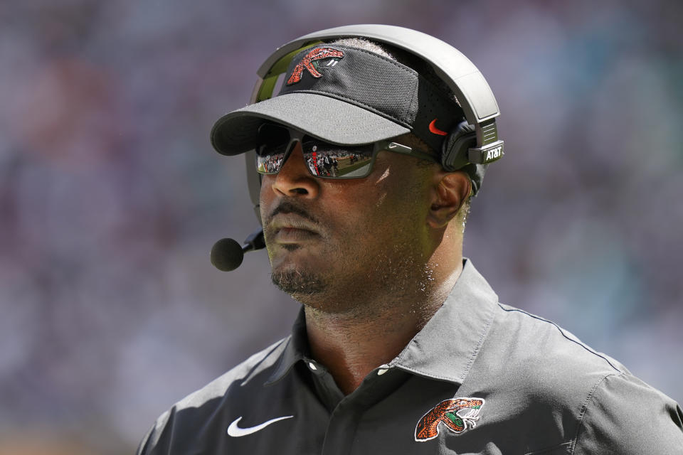 FILE - Florida A&M head coach Willie Simmons stands on the field during the first half of the Orange Blossom Classic NCAA college football game against Jackson State, Sunday, Sept. 4, 2022, in Miami Gardens, Fla. Florida A&M is the SWAC East Division favorite. (AP Photo/Lynne Sladky, File)