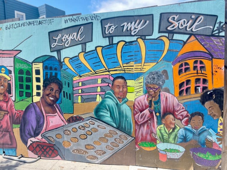 A mural in Bayview-Hunters Point reads “Loyal to my soil.” The soil in Bayview-Hunters Point is contaminated with radioactive waste. (Adam Mahoney/Capital B)