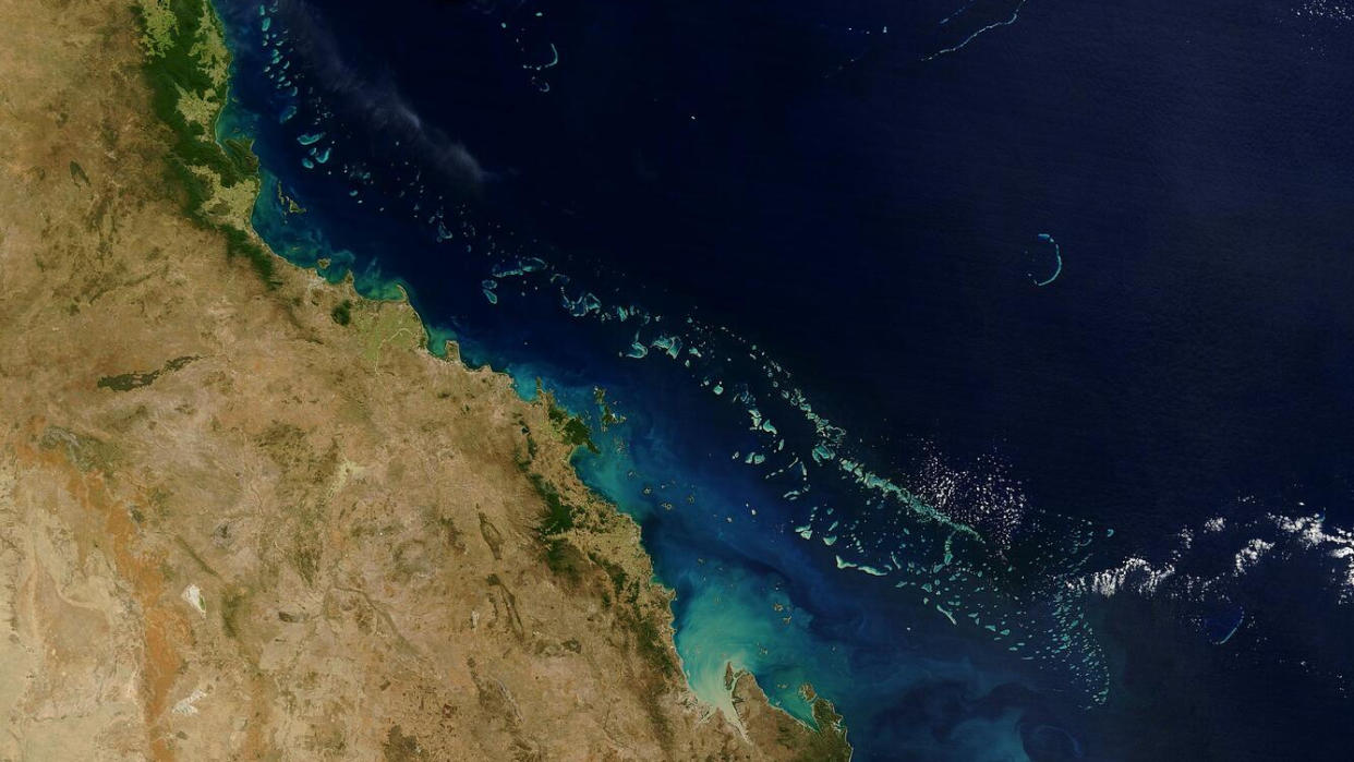  Satellite image of the great barrier reef, off the coast of australia. 