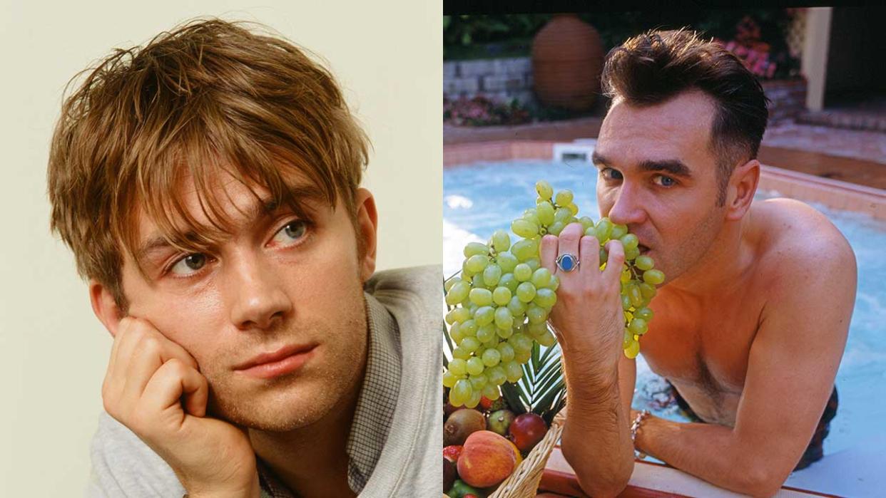  Blur Damon Albarn at a hotel in Sendai, Sendai, November 1995 and Morrissey, singer, song writer and author enjoys a snack of fruit in his jacuzzi tub in Beverly Hills, California in August 1992 