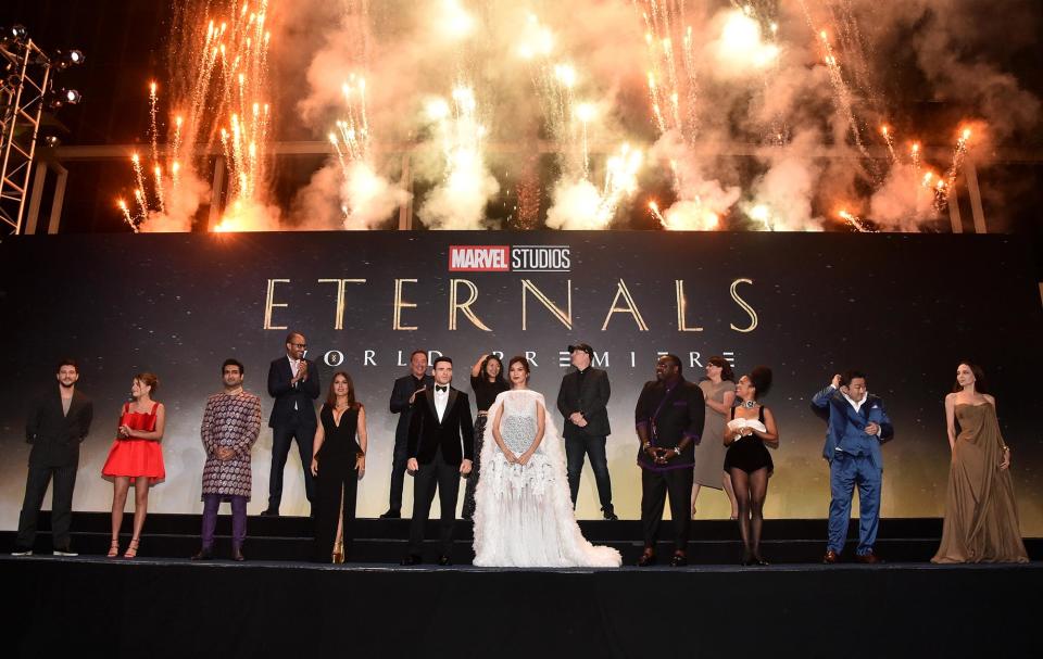 <p>The gods descended upon Los Angeles Monday night in a dazzling display. And by gods we mean the actors playing Marvel's near-immortal beings, the Eternals. <a href="https://ew.com/tag/angelina-jolie/" rel="nofollow noopener" target="_blank" data-ylk="slk:Angelina Jolie;elm:context_link;itc:0;sec:content-canvas" class="link ">Angelina Jolie</a>, <a href="https://ew.com/tag/gemma-chan/" rel="nofollow noopener" target="_blank" data-ylk="slk:Gemma Chan;elm:context_link;itc:0;sec:content-canvas" class="link ">Gemma Chan</a>, <a href="https://ew.com/tag/salma-hayek/" rel="nofollow noopener" target="_blank" data-ylk="slk:Salma Hayek;elm:context_link;itc:0;sec:content-canvas" class="link ">Salma Hayek</a>, <a href="https://ew.com/tag/brian-tyree-henry/" rel="nofollow noopener" target="_blank" data-ylk="slk:Brian Tyree Henry;elm:context_link;itc:0;sec:content-canvas" class="link ">Brian Tyree Henry</a>, <a href="https://ew.com/tag/don-lee/" rel="nofollow noopener" target="_blank" data-ylk="slk:Don Lee;elm:context_link;itc:0;sec:content-canvas" class="link ">Don Lee</a>, <a href="https://ew.com/tag/richard-madden/" rel="nofollow noopener" target="_blank" data-ylk="slk:Richard Madden;elm:context_link;itc:0;sec:content-canvas" class="link ">Richard Madden</a>, Lia McHugh, <a href="https://ew.com/tag/kumail-nanjiani/" rel="nofollow noopener" target="_blank" data-ylk="slk:Kumail Nanjiani;elm:context_link;itc:0;sec:content-canvas" class="link ">Kumail Nanjiani</a>, and <a href="https://ew.com/tag/lauren-ridloff/" rel="nofollow noopener" target="_blank" data-ylk="slk:Lauren Ridloff;elm:context_link;itc:0;sec:content-canvas" class="link ">Lauren Ridloff</a> joined their costar <a href="https://ew.com/tag/kit-harington/" rel="nofollow noopener" target="_blank" data-ylk="slk:Kit Harington;elm:context_link;itc:0;sec:content-canvas" class="link ">Kit Harington</a> and Oscar-winning director/screenwriter <a href="https://ew.com/tag/chloe-zhao/" rel="nofollow noopener" target="_blank" data-ylk="slk:Chloé Zhao;elm:context_link;itc:0;sec:content-canvas" class="link ">Chloé Zhao</a> on the red carpet to commemorate the world premiere of <em><a href="https://ew.com/creative-work/eternals-2021-movie/" rel="nofollow noopener" target="_blank" data-ylk="slk:Eternals;elm:context_link;itc:0;sec:content-canvas" class="link ">Eternals</a></em>, which opens in theaters Nov. 5. See them in all their glory. </p> <ul> <li><a href="https://ew.com/movies/marvel-eternals-exclusive-details/" rel="nofollow noopener" target="_blank" data-ylk="slk:Read EW's Eternals digital cover story;elm:context_link;itc:0;sec:content-canvas" class="link ">Read EW's <em>Eternals</em> digital cover story</a></li> </ul>