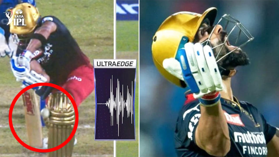 Pictured left, the controversial LBW call that left RCB batter Virat Kohli fuming.