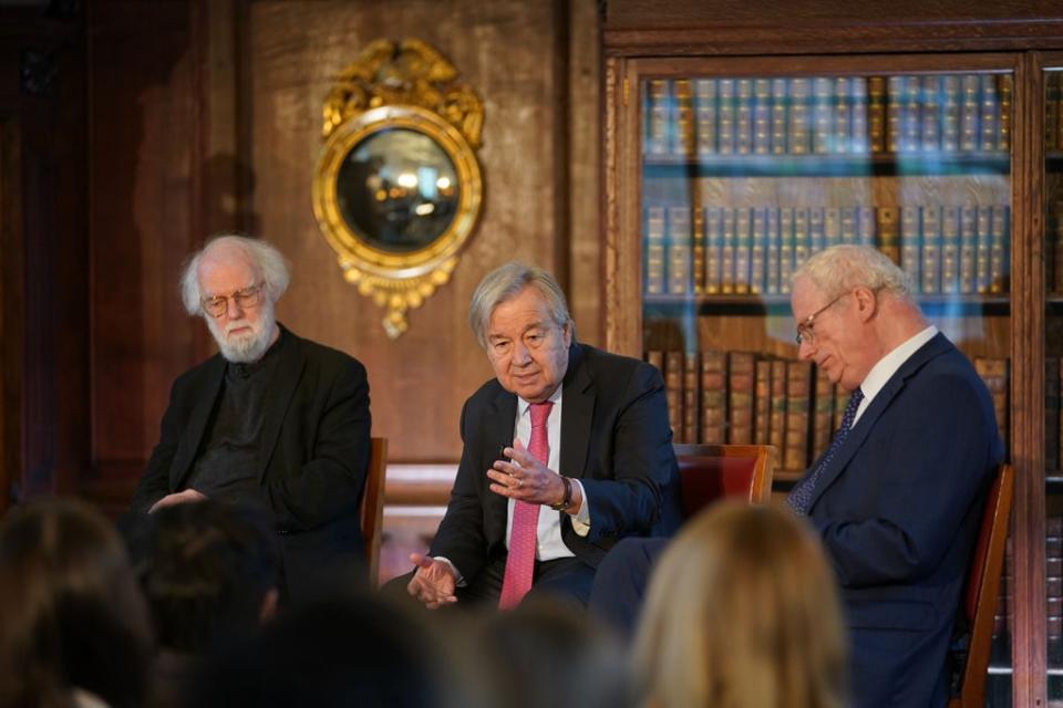 Antonio Guterres (centre) with former Archbishop of Canterbury Rowan Williams (left) (Joe Giddens/PA) (PA Wire)