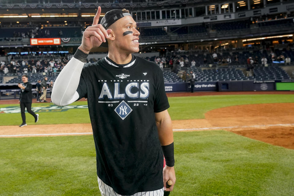 New York Yankees center fielder Aaron Judge reacts after the Yankees defeated the Cleveland Guardians Game 5 of an American League Division baseball series, Tuesday, Oct. 18, 2022, in New York. (AP Photo/Frank Franklin II)