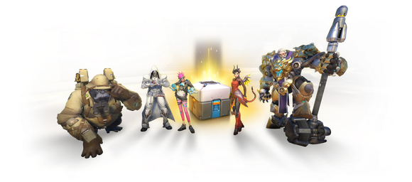 Five characters from Activision Blizzard's Overwatch standing around a loot box.