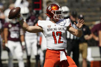 Bowling Green quarterback Camden Orth (12) passes against Mississippi State during the first half of an NCAA college football game in Starkville, Miss., Saturday, Sept. 24, 2022. (AP Photo/Rogelio V. Solis)