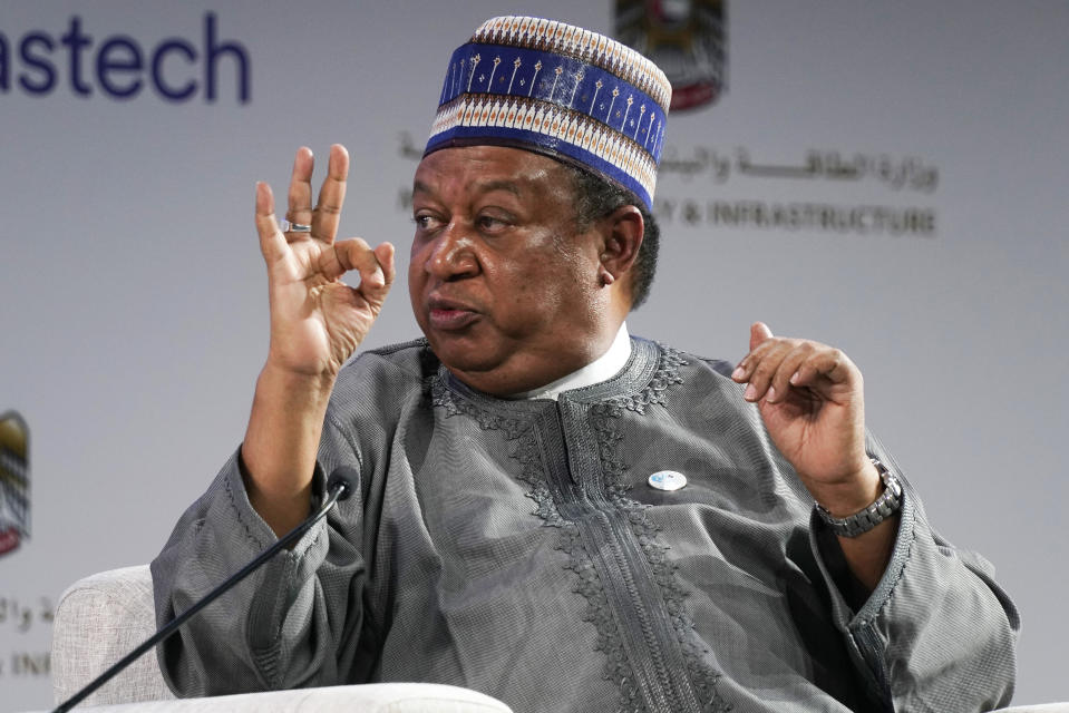 OPEC Secretary-General Mohammad Sanusi Barkindo gestures during a discussion on stage during the Gastech 2021 conference in Dubai, United Arab Emirates, Tuesday, Sept. 21, 2021. Energy officials from Qatar and Turkey, long-standing foes of the United Arab Emirates, descended on Dubai along with hundreds of other executives on Tuesday, flocking to the largest gas expo in the world and the industry's first in-person conference since the pandemic began. (AP Photo/Jon Gambrell)