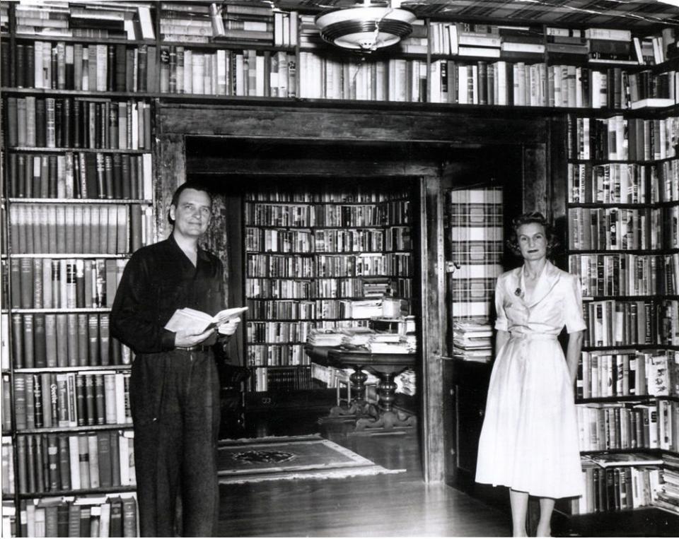 Wilma Dykeman with husband and collaborator James R. Stokely Jr. at their home library in Newport, Tennessee. Dykeman and Stokely traveled the country together during the civil rights movement and coauthored the book “Neither Black Nor White.”