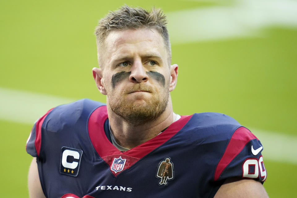 FILE - In this Jan. 3, 2021, file photo, Houston Texans defensive end J.J. Watt (99) looks on before an NFL football game against the Tennessee Titans in Houston. Watt and the Texans have “mutually agreed to part ways,” ending the tenure of the face of the franchise and adding another huge change to an offseason filled with upheaval. (AP Photo/Matt Patterson, FIle)