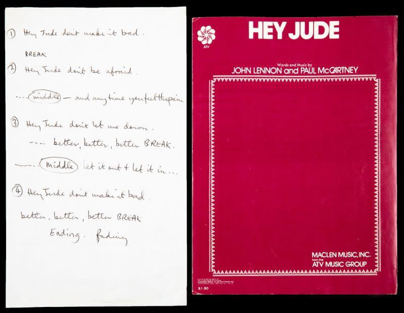 Paul McCartney's scribbled note for a recording session in London in 1968 of "Hey Jude" is seen before going up for auction in New York, U.S., in this undated handout