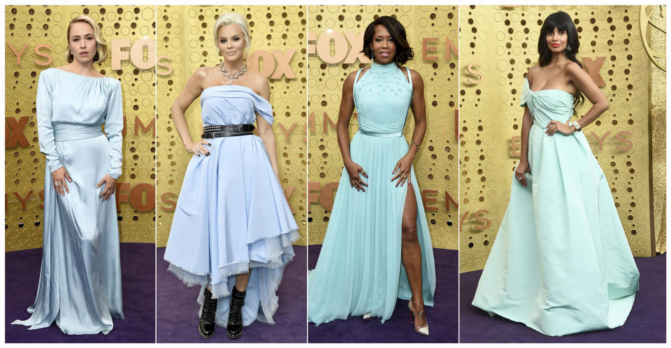 This combination photo shows, from left, Sarah Goldberg, from "Barry," actress-comedian Jenny McCarthy, presenter Regina King and Jameela Jamil, from "The Good Place," at the 71st Primetime Emmy Awards in Los Angeles on Sept. 22, 2019. (AP Photo)