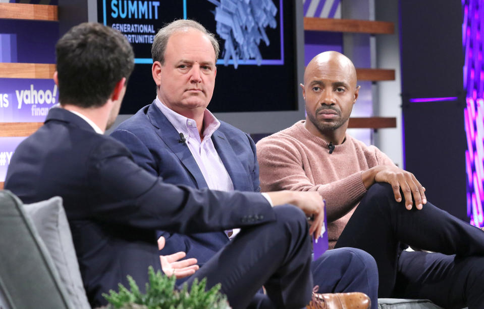 NEW YORK, NEW YORK - OCTOBER 10: (L-R) Moderator  Dan Roberts, president of IMG George Pyne (L) and Jay Williams attend the Yahoo Finance All Markets Summit at Union West Events on October 10, 2019 in New York City. (Photo by Jim Spellman/Getty Images)