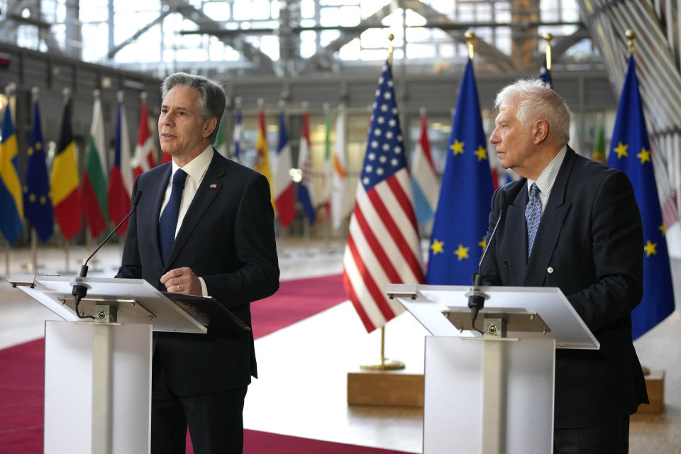 European Union foreign policy chief Josep Borrell, right, and United States Secretary of State Antony Blinken address the media prior to the EU-US Energy Council Ministerial meeting at the European Council building in Brussels, Tuesday, April 4, 2023. (AP Photo/Virginia Mayo)