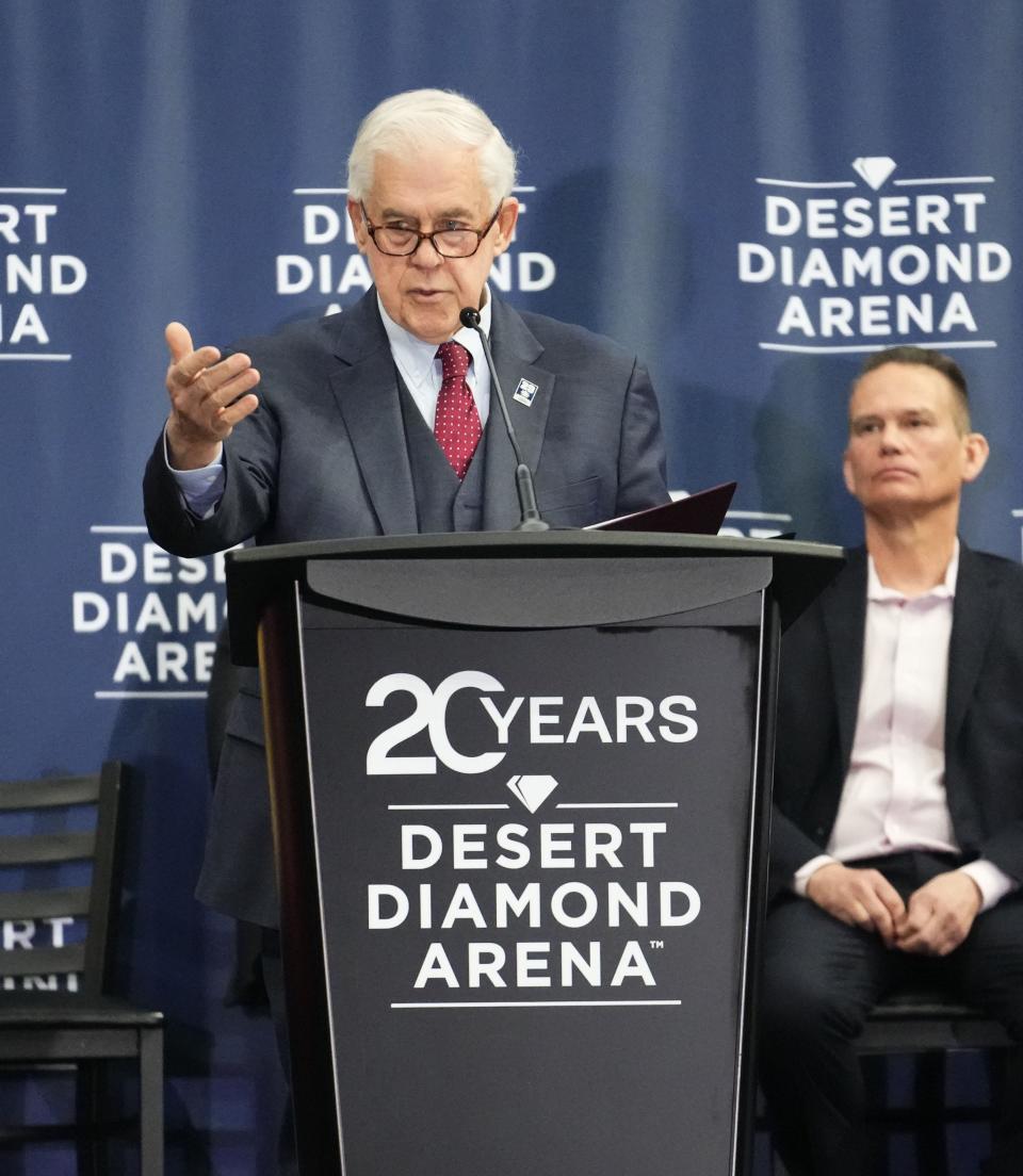 Glendale Mayor Jerry Weiers announced a $40 million renovation plan to Desert Diamond Arena at a press conference in Glendale on Jan. 9, 2024.
