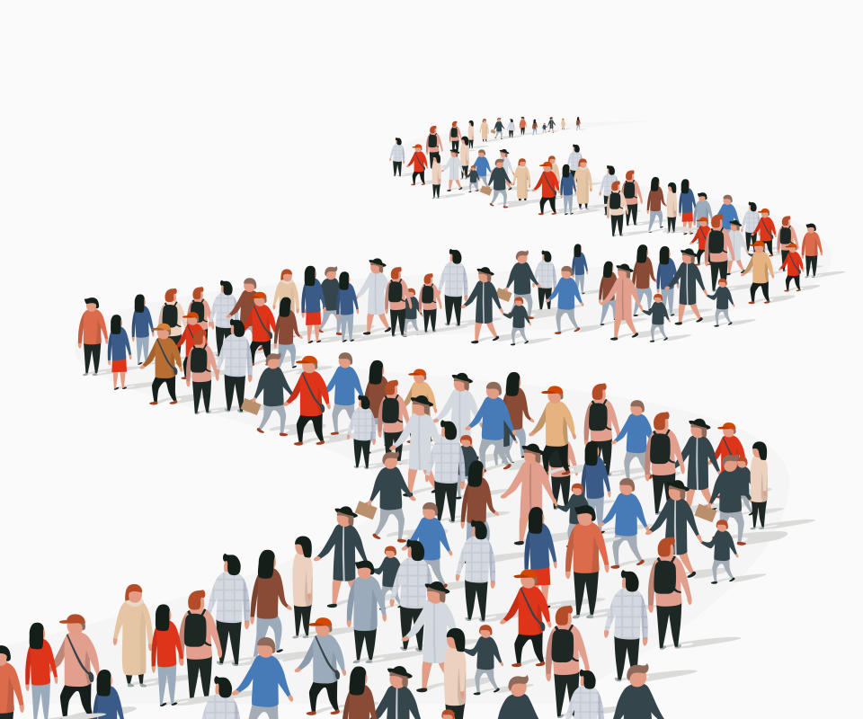 Crowd of buisness people standing in a line. People crowd. Vector illustration