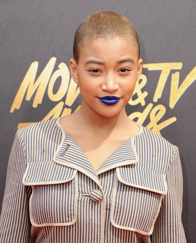 <p>The young actress had no qualms about showing off her new coif at the 2017 MTV Movie & TV Awards. The look is for her role in the film <em>Where Hands Touch, “</em><a rel="nofollow noopener" href="http://www.refinery29.com/2017/01/135207/amandla-stenberg-shaved-head-movie-where-hands-touch" target="_blank" data-ylk="slk:which focuses on;elm:context_link;itc:0;sec:content-canvas" class="link ">which focuses on</a> the ‘experience of biracial children growing up in Nazi Germany.'” (Photo: Jon Kopaloff/FilmMagic) </p>