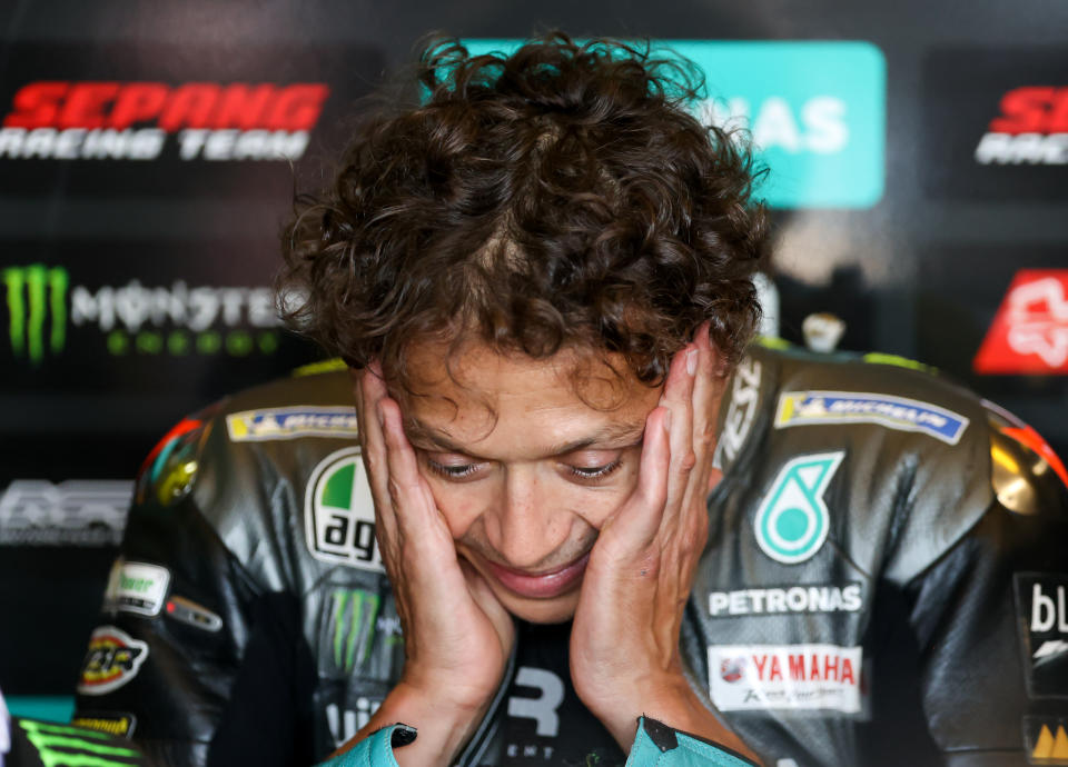 18 June 2021, Saxony, Hohenstein-Ernstthal: Motorsport/Motorcycle, German Grand Prix, MotoGP at Sachsenring: Rider Valentino Rossi (Italy, Petronas Yamaha SRT) sits in the pits ahead of the Second Free Practice session. Rossi has scored just 15 points so far this season and is 19th in the standings. Photo: Jan Woitas/dpa-Zentralbild/dpa (Photo by Jan Woitas/picture alliance via Getty Images)