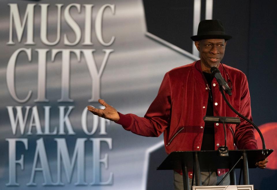 Keb' Mo' addresses the audience during the Music City Walk of Fame Induction Ceremony at Walk of Fame Park Tuesday, April 5, 2022 in Nashville, Tenn. 