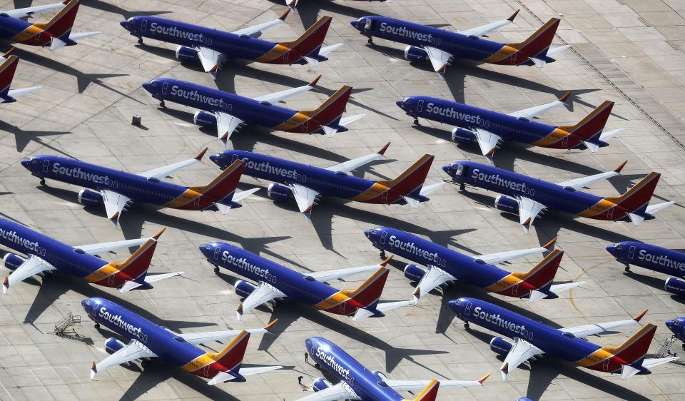 A number of Southwest Airlines Boeing 737 MAX aircraft are parked at Southern California Logistics Airport on March 27, 2019 in Victorville, California.