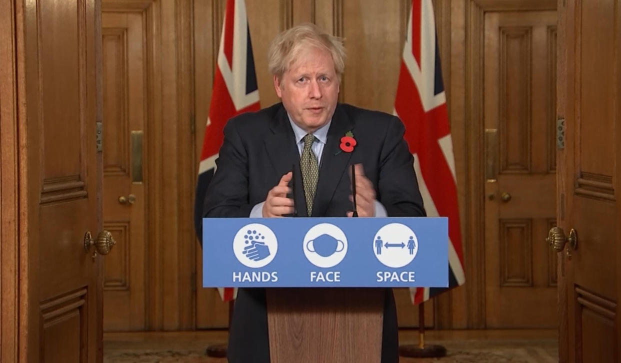 Screen grab of Prime Minister Boris Johnson during a media briefing in Downing Street, London, on coronavirus (COVID-19).