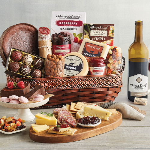 Harry David gift basket with foods and bottle of wine