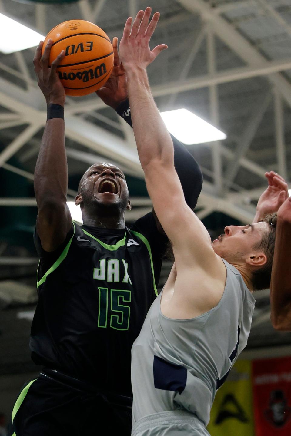 Carter Hendricksen has been UNF's most consistent defender during his career, guarding perimeter players but also going inside to take bigger opponents in the post such as JU's Osayi Osifo (15).